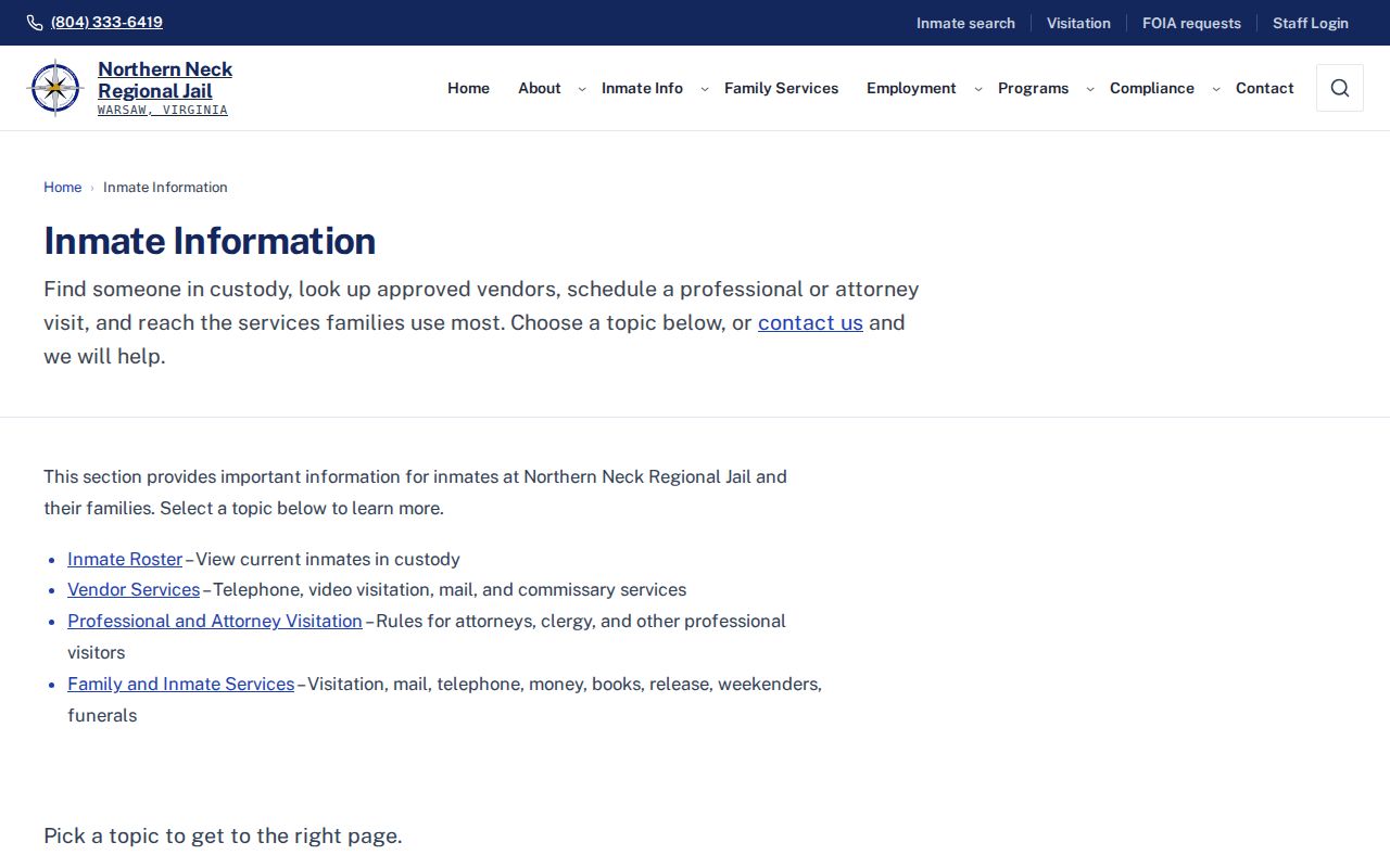 Northern Neck Regional Jail current-custody information page