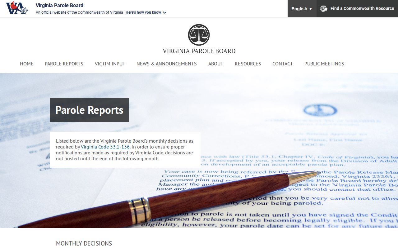 Virginia Parole Board monthly decisions used for Lancaster County parole verification